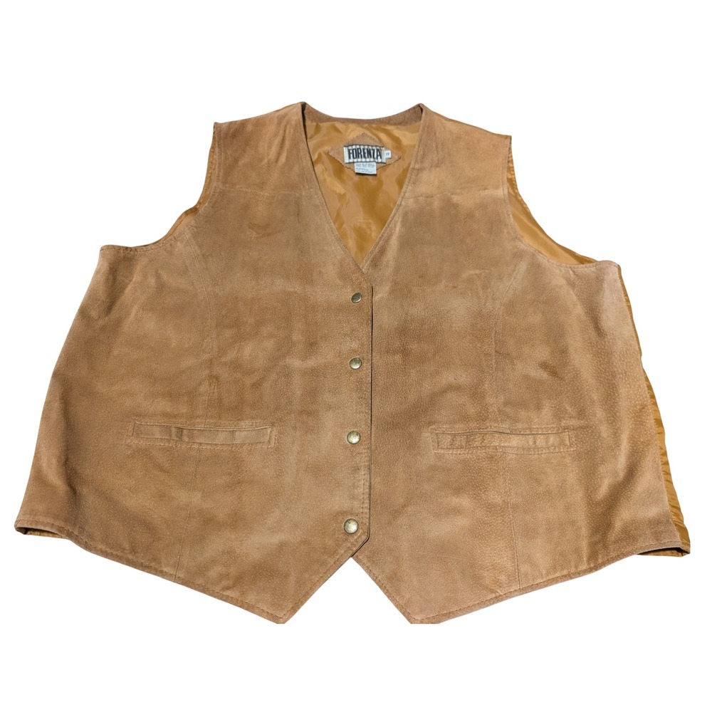 Forenza Leather Vest Womens 1X Tan Suede V-Neck Snap Front Western Boho